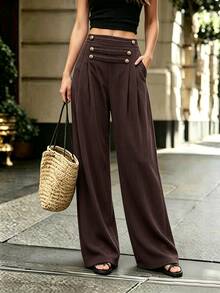 Balvessa Brown Corduroy Design Button-Front Vintage Casual Wide Leg Women's Long Pants, Autumn/Winter - Coffee Brown - View 3