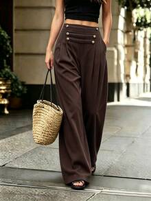 Balvessa Brown Corduroy Design Button-Front Vintage Casual Wide Leg Women's Long Pants, Autumn/Winter - Coffee Brown - View 4