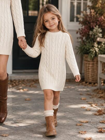 SHEIN Young Girl Cable Knit Kids Comfortable Long Sleeve Sweater Autumn Dress Suitable For Casual Daily Wear