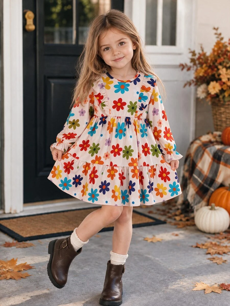 SHEIN Young Girl Floral Print Round Neck Long Sleeve Patchwork Ruffle Hem Cute Dress - Multicolor - View 1