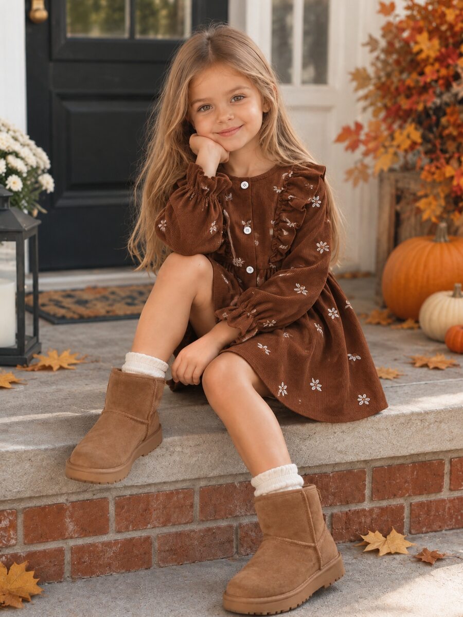 SHEIN Young Girl Young Girls Kids Cute Vacation Casual Apricot Plaid Pattern Bow Long Sleeve Loose Dress - Brown - View 1