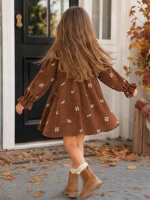 SHEIN Young Girl Young Girls Kids Cute Vacation Casual Apricot Plaid Pattern Bow Long Sleeve Loose Dress - Brown - View 2
