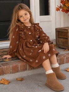 SHEIN Young Girl Young Girls Kids Cute Vacation Casual Apricot Plaid Pattern Bow Long Sleeve Loose Dress - Brown - View 4