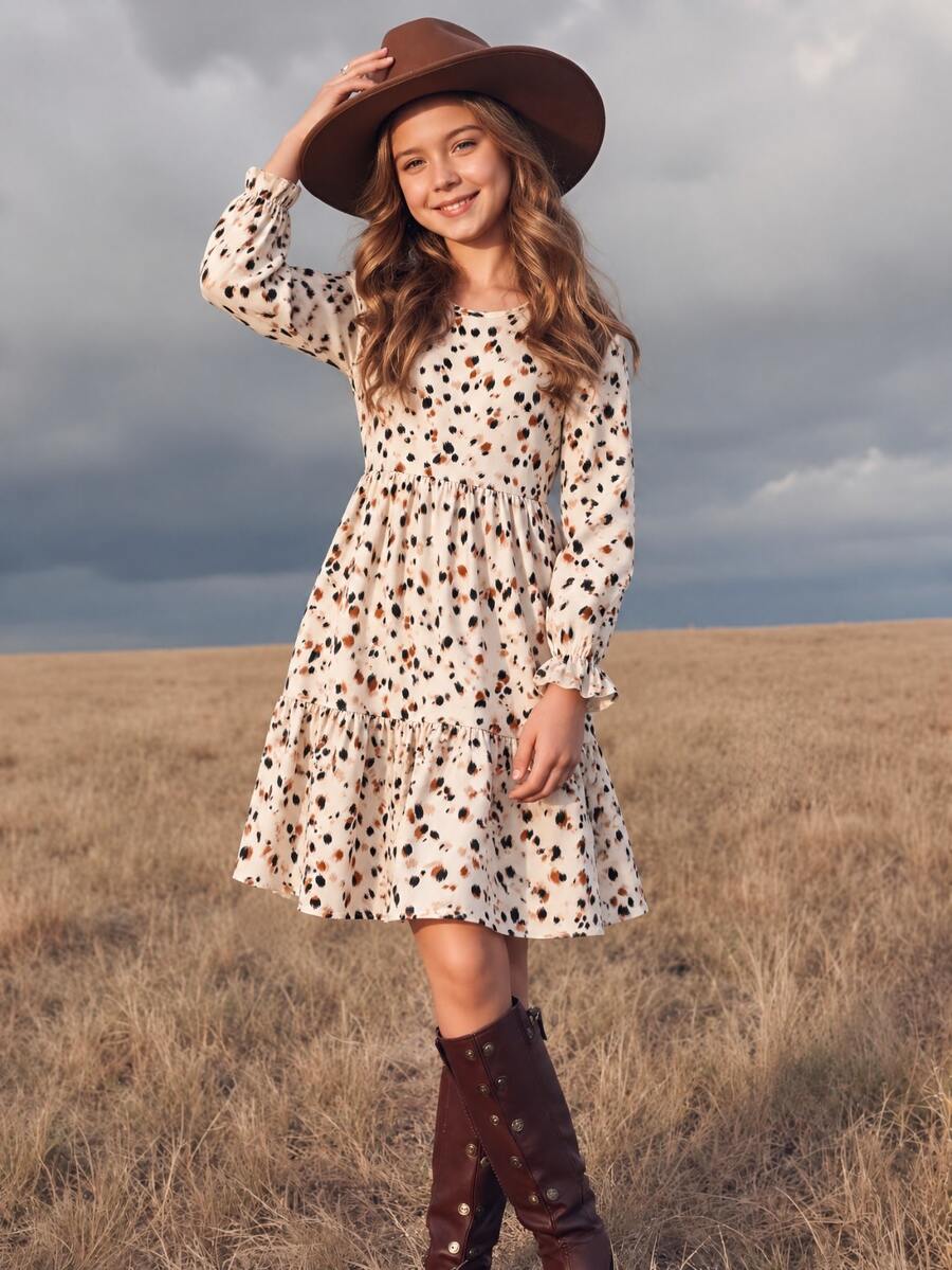 SHEIN Tween Girl Tween Girl Kids Leopard Print Long Sleeve Casual Downtown Girl Elegant Dress - Multicolor - View 1