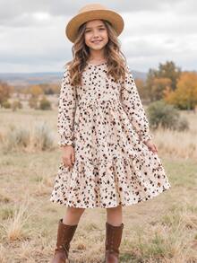 SHEIN Tween Girl Tween Girl Kids Leopard Print Long Sleeve Casual Downtown Girl Elegant Dress - Multicolor - View 2