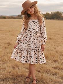SHEIN Tween Girl Tween Girl Kids Leopard Print Long Sleeve Casual Downtown Girl Elegant Dress - Multicolor - View 5