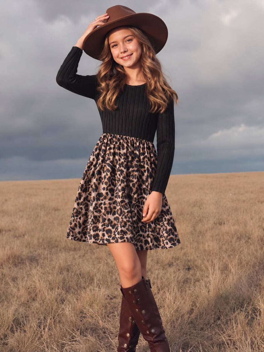 SHEIN Tween Girl Casual Minimalist Comfortable Round Neck Pullover Long Sleeve Patchwork Midi Dress - Black - View 1