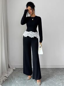 Elenzga Setelan Sweater Wanita 2 Potong yang Serbaguna, Kasual, dan Elegan untuk Perjalanan Sehari-hari - Hitam - View 6