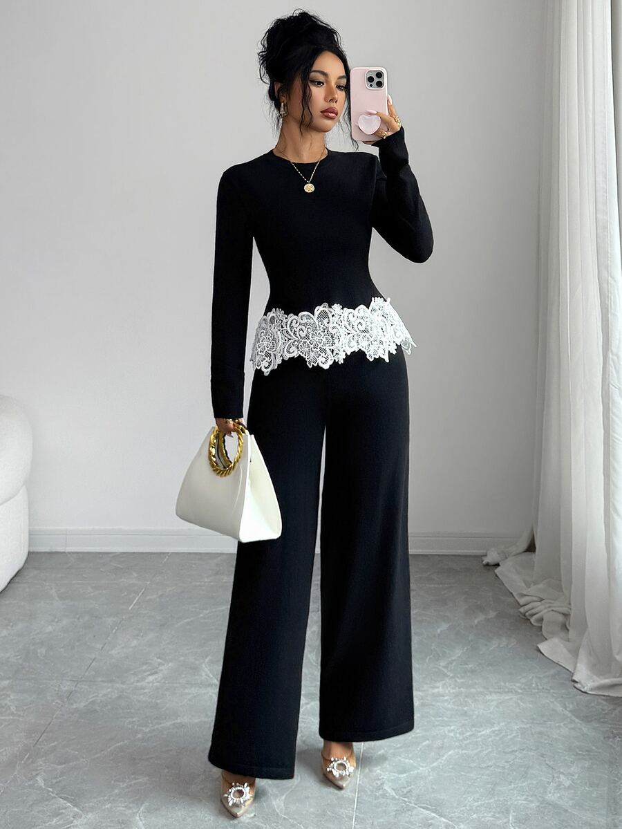 Elenzga Setelan Sweater Wanita 2 Potong yang Serbaguna, Kasual, dan Elegan untuk Perjalanan Sehari-hari - Hitam - View 1