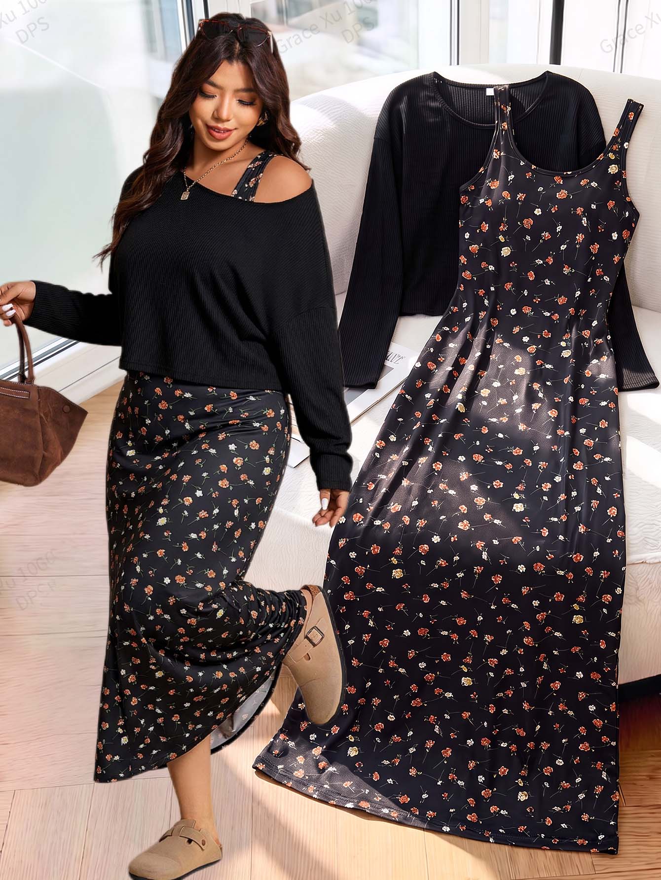 Elaquor Plus Size Solid Color Top & Ditsy Floral Dress 2 Pieces Set Elegant 2 Pieces Set For Women Fall/Winter Casual Daily Going Out 2 Pieces Set For Women