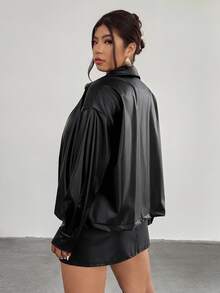 Firerie Plus Size Women Black Long Sleeve PU Jacket,Autumn Clothes For Women / Rodeo Office Airport Normal Jacket For Women Fall/Winter - Black - View 3