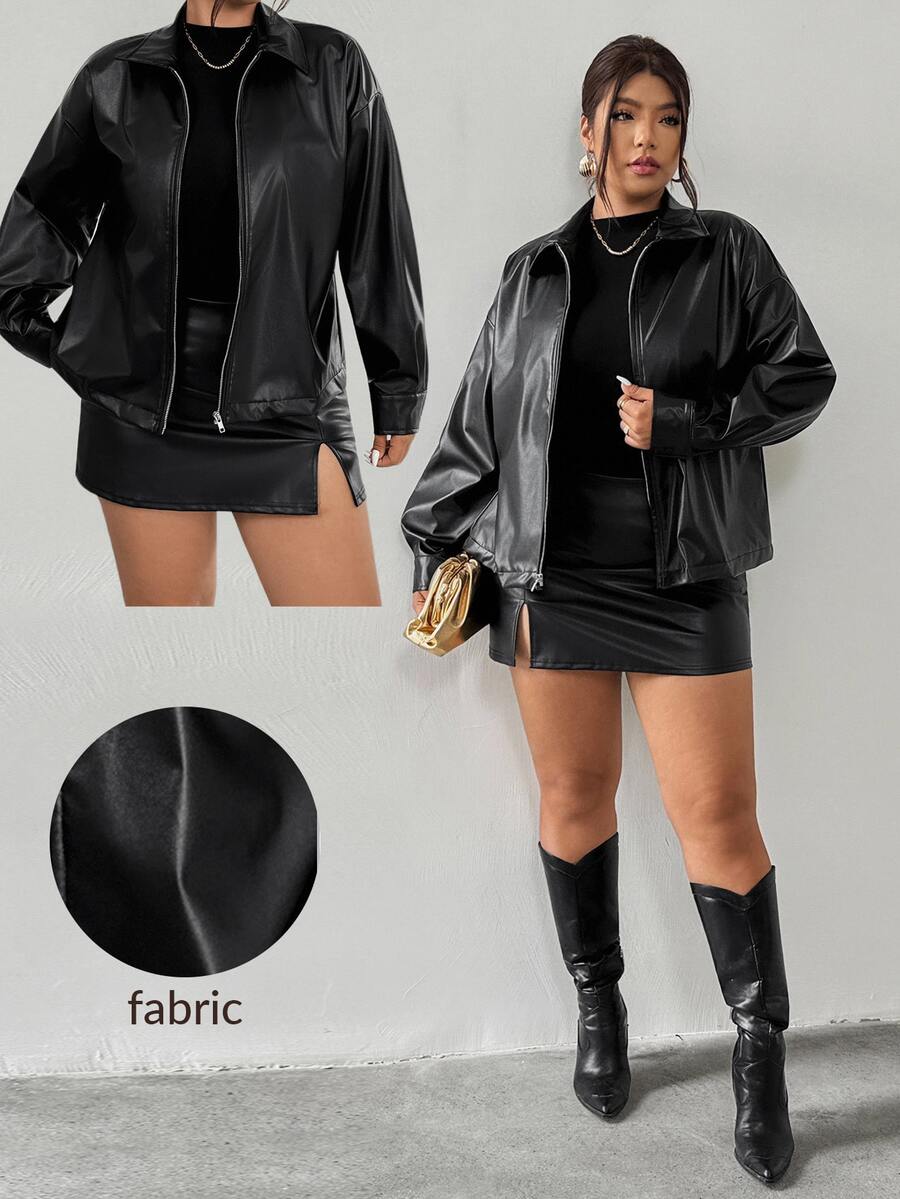Firerie Plus Size Women Black Long Sleeve PU Jacket,Autumn Clothes For Women / Rodeo Office Airport Normal Jacket For Women Fall/Winter