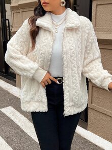 SHEIN Frenchy Plus Size Women's Casual Simple Fluffy Long Sleeve Jacket,Winter Clothes Fall Autumn Fall/Winter - Beige - View 6