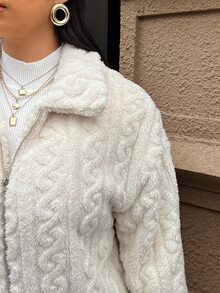 SHEIN Frenchy Plus Size Women's Casual Simple Fluffy Long Sleeve Jacket,Winter Clothes Fall Autumn Fall/Winter - Beige - View 13