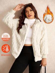 SHEIN Frenchy Plus Size Women's Casual Simple Fluffy Long Sleeve Jacket,Winter Clothes Fall Autumn Fall/Winter - Beige - View 4