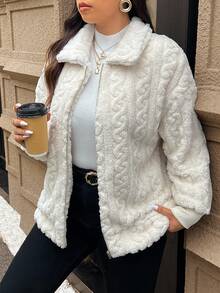 SHEIN Frenchy Plus Size Women's Casual Simple Fluffy Long Sleeve Jacket,Winter Clothes Fall Autumn Fall/Winter - Beige - View 11