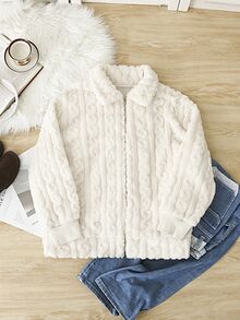 SHEIN Frenchy Plus Size Women's Casual Simple Fluffy Long Sleeve Jacket,Winter Clothes Fall Autumn Fall/Winter - Beige - View 18