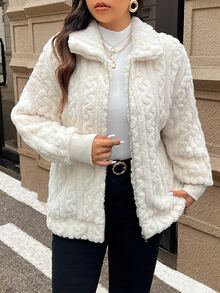 SHEIN Frenchy Plus Size Women's Casual Simple Fluffy Long Sleeve Jacket,Winter Clothes Fall Autumn Fall/Winter - Beige - View 12