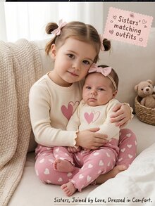 SHEIN Young Girl 2Pcs / Sets Floral Flocked Applique, Colorful Striped Long Sleeve Round Neck Ruffle Trim Top & Leggings Set - Suitable For Casual, Daily And School Wear In Autumn/Winter - Pink - View 3