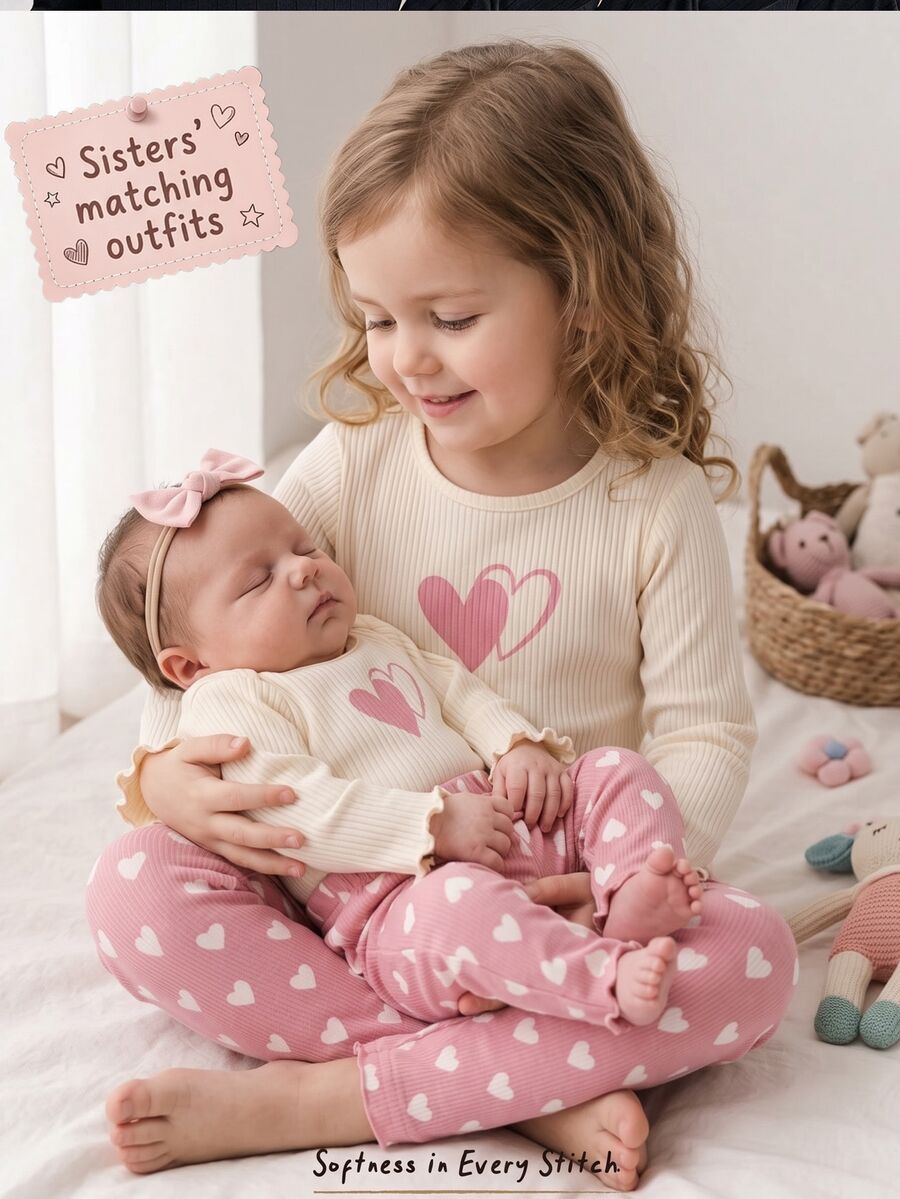 SHEIN Young Girl 2Pcs / Sets Floral Flocked Applique, Colorful Striped Long Sleeve Round Neck Ruffle Trim Top & Leggings Set - Suitable For Casual, Daily And School Wear In Autumn/Winter - Pink - View 1