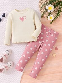 SHEIN Young Girl 2Pcs / Sets Floral Flocked Applique, Colorful Striped Long Sleeve Round Neck Ruffle Trim Top & Leggings Set - Suitable For Casual, Daily And School Wear In Autumn/Winter - Pink - View 4