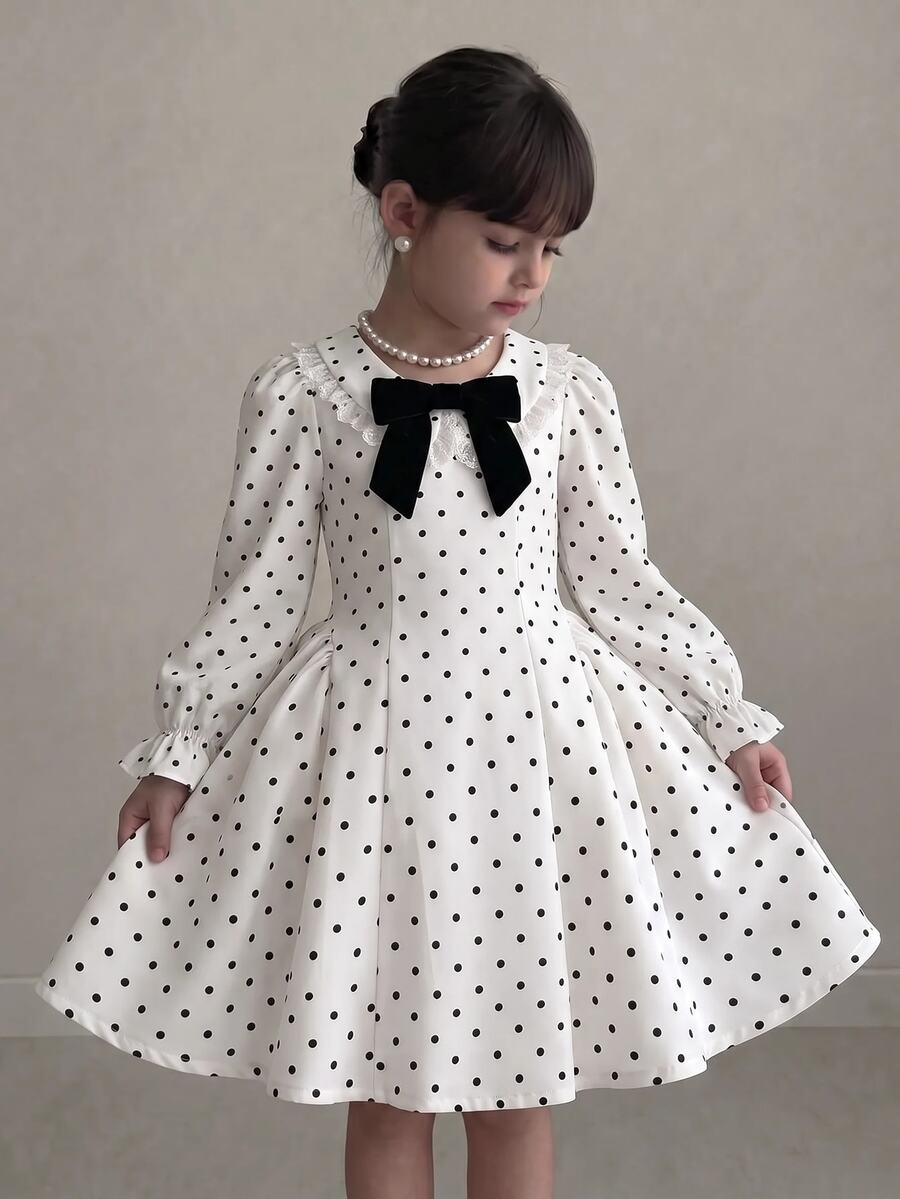 SHEIN 女童甜美圓點印花蕾絲拼接洋裝 - 白色 - 查看 1