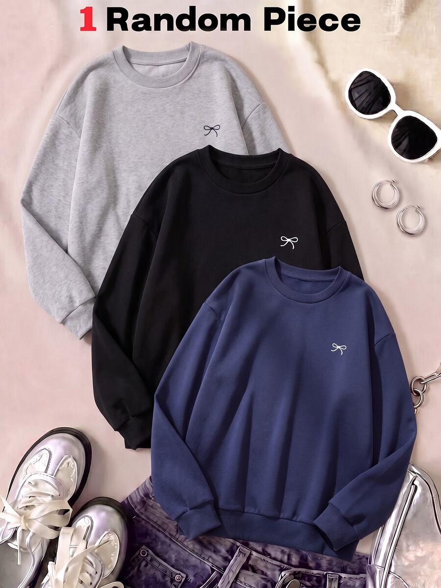 SHEIN Girls Casual Cute Basic Korean Style Patchwork Navy Blue Lace Embroidered Collar Cuff Flare Sleeve Sweatshirt School Autumn Winter Black Grey - Blue - View 1