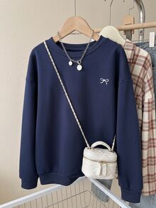 SHEIN Girls Casual Cute Basic Korean Style Patchwork Navy Blue Lace Embroidered Collar Cuff Flare Sleeve Sweatshirt School Autumn Winter Black Grey - Blue - View 7