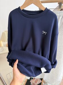 SHEIN Girls Casual Cute Basic Korean Style Patchwork Navy Blue Lace Embroidered Collar Cuff Flare Sleeve Sweatshirt School Autumn Winter Black Grey - Blue - View 6