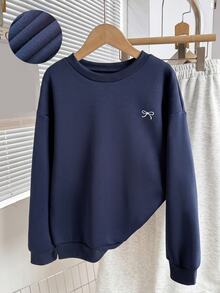 SHEIN Girls Casual Cute Basic Korean Style Patchwork Navy Blue Lace Embroidered Collar Cuff Flare Sleeve Sweatshirt School Autumn Winter Black Grey - Blue - View 3