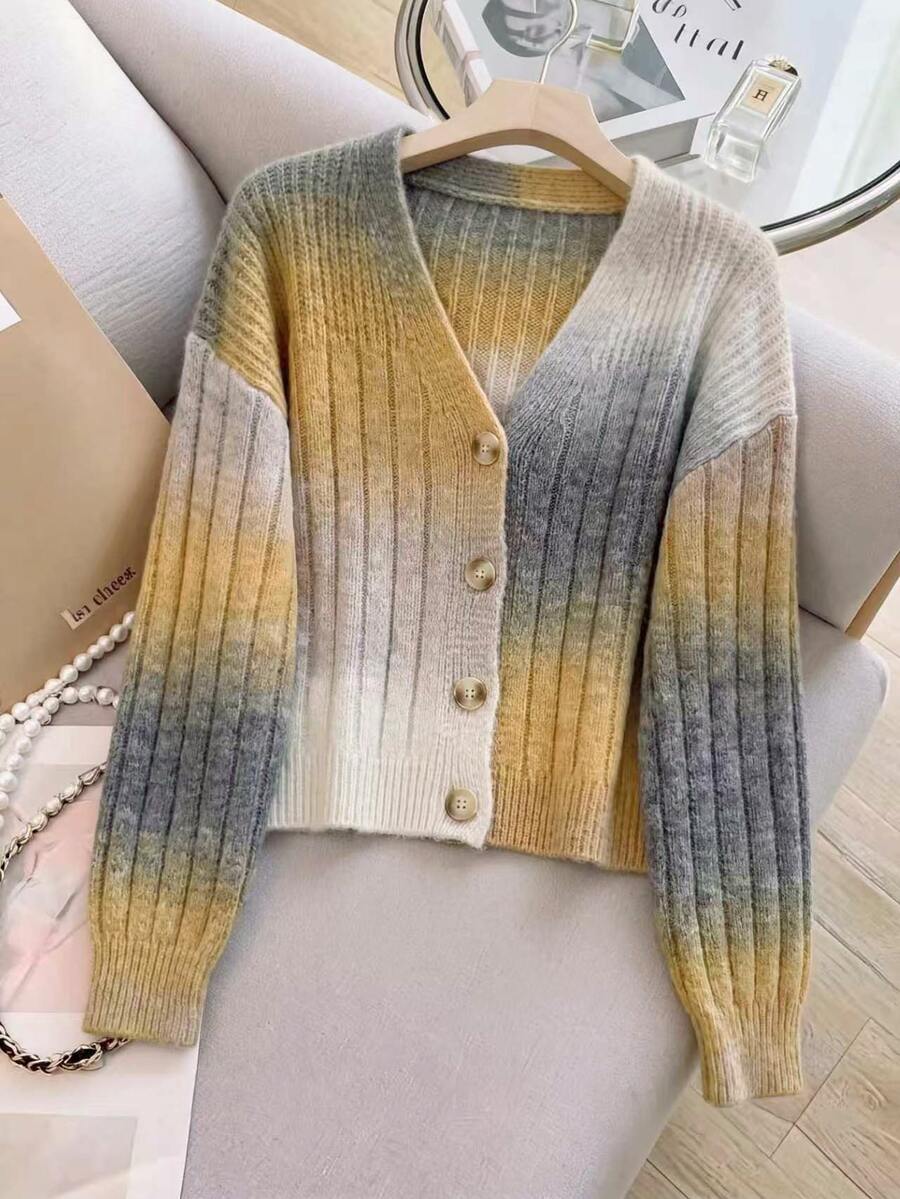 SHEIN Women's Long-Sleeve Mohair Blend Printed Cardigan, Yellow To Gray Gradient, Soft Chic Layering For Workplace, Outings & Commuting, Fall/Winter - Yellow - View 1