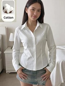 SHEIN 青少年女孩白色修身襯衫，圓弧下擺，紋理條紋校服風百搭襯衫，適合青少年女孩 - 白色 - 查看 1