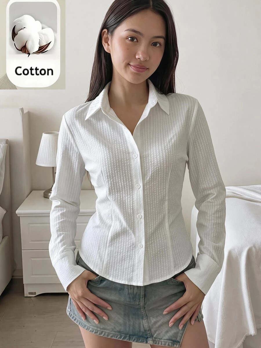 SHEIN 青少年女孩白色修身襯衫,圓弧下擺,紋理條紋校服風百搭襯衫,適合青少年女孩 - 白色 - 查看 1