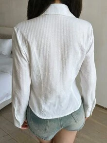 SHEIN 青少年女孩白色修身襯衫，圓弧下擺，紋理條紋校服風百搭襯衫，適合青少年女孩 - 白色 - 查看 2