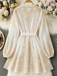 Franclia Gaun Midi Wanita Elegan dan Romantis dengan Motif Paisley, Gaun Pernikahan Musim Gugur, Pesta Kebun, Pesta Teh, Warna Putih Gading - Aprikot - View 2