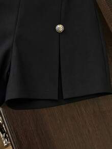 SHEIN Franclia 女款秋冬通勤優雅休閒辦公穿搭設計百褶A字黑色短褲 - 黑色 - 查看 6