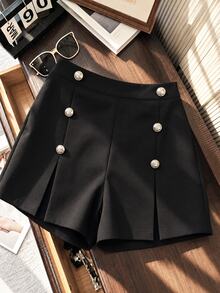 SHEIN Franclia 女款秋冬通勤優雅休閒辦公穿搭設計百褶A字黑色短褲 - 黑色 - 查看 3
