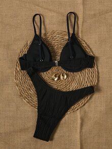 Swim Basics 夏季海滩纯色钢圈比基尼套装 微型比基尼套装泳衣套装两件套比基尼 - 黑色 - 查看 2