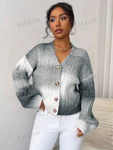 SHEIN Women's Long-Sleeve Mohair Blend Printed Cardigan, Grey Gradient, Minimalist Chic Layering Piece For Workplace, Outings & Commuting, Fall/Winter - Grey - View 5