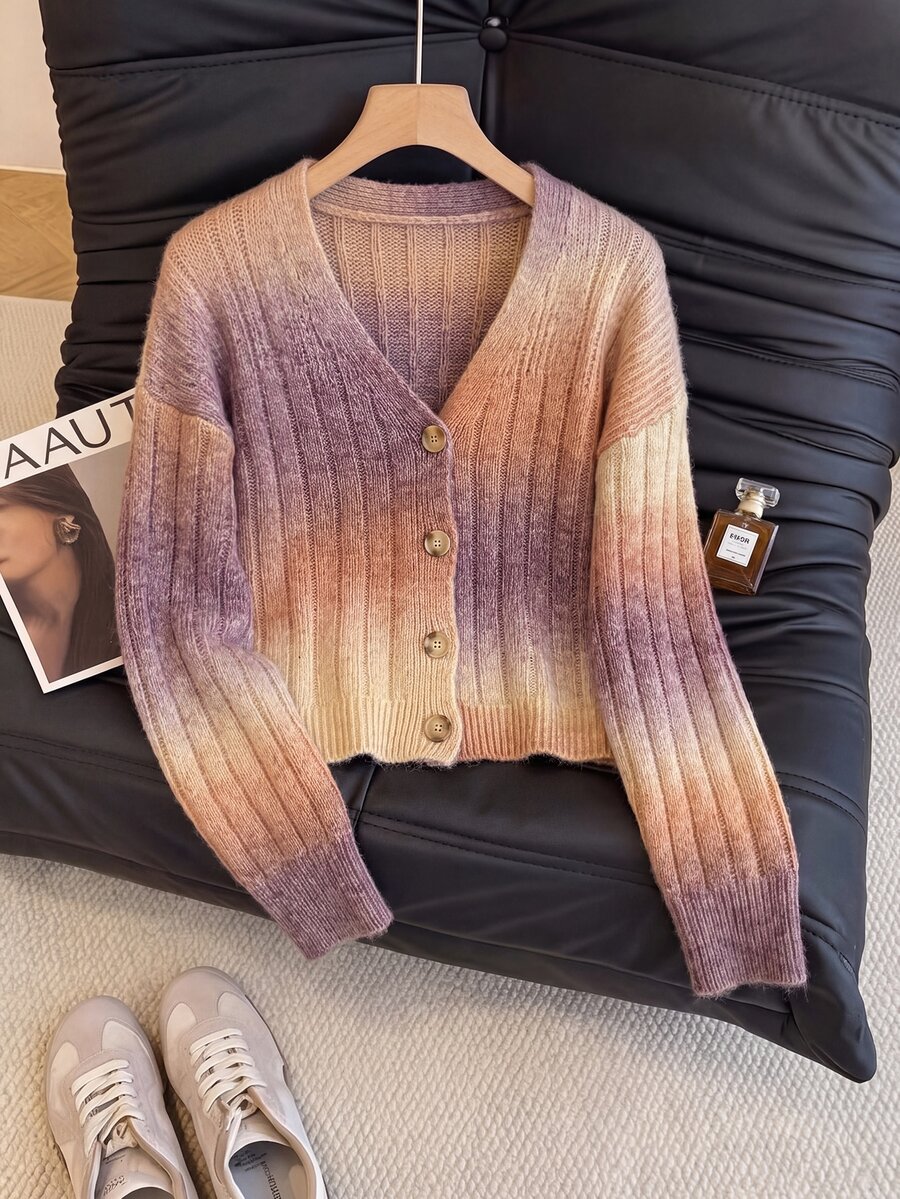 SHEIN Women's Long-Sleeve Mohair Blend Printed Cardigan, Purple To Orange Gradient, Soft Romantic Layering For Workplace & Commuting, Fall/Winter - Khaki - View 1