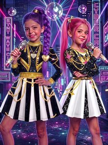 SHEIN 女童韓系K-Pop圓領長袖洋裝，適合假期表演、嘉年華、萬聖節 - 彩色 - 查看 3