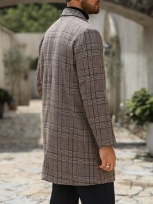 Manfinity Homme معطف صوف طويل كاجوال للرجال بتصميم مربعات باللون الكاكي، أفضل خيار لهدية العطلات - قهوة بني - مشاهدة 2