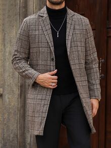 Manfinity Homme معطف صوف طويل كاجوال للرجال بتصميم مربعات باللون الكاكي، أفضل خيار لهدية العطلات - قهوة بني - مشاهدة 5