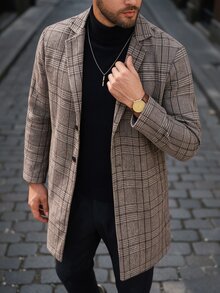 Manfinity Homme معطف صوف طويل كاجوال للرجال بتصميم مربعات باللون الكاكي، أفضل خيار لهدية العطلات - قهوة بني - مشاهدة 3