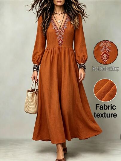 SHEIN Besticktes lässiges Urlaubsstil Langarmkleid