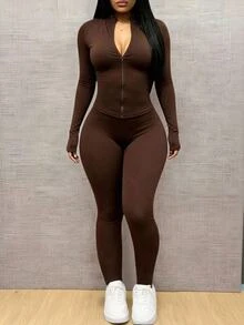 INAWLY Women's Solid Color Zipper Long Sleeve Top And Pants Casual Daily 2 Pieces Set - Coffee Brown - View 1
