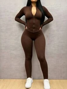 INAWLY Women's Solid Color Zipper Long Sleeve Top And Pants Casual Daily 2 Pieces Set - Coffee Brown - View 4