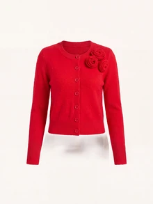 SHEIN PariChic Women's Autumn/Winter Elegant Elegant Red 3D Floral Decor Fitted Button-Front Cardigan - Red - View 10