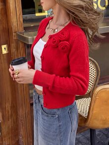 SHEIN PariChic Women's Autumn/Winter Elegant Elegant Red 3D Floral Decor Fitted Button-Front Cardigan - Red - View 2