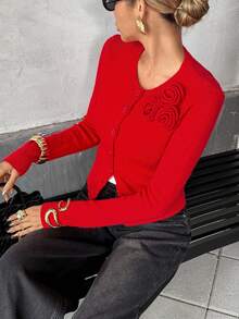 SHEIN PariChic Women's Autumn/Winter Elegant Elegant Red 3D Floral Decor Fitted Button-Front Cardigan - Red - View 9